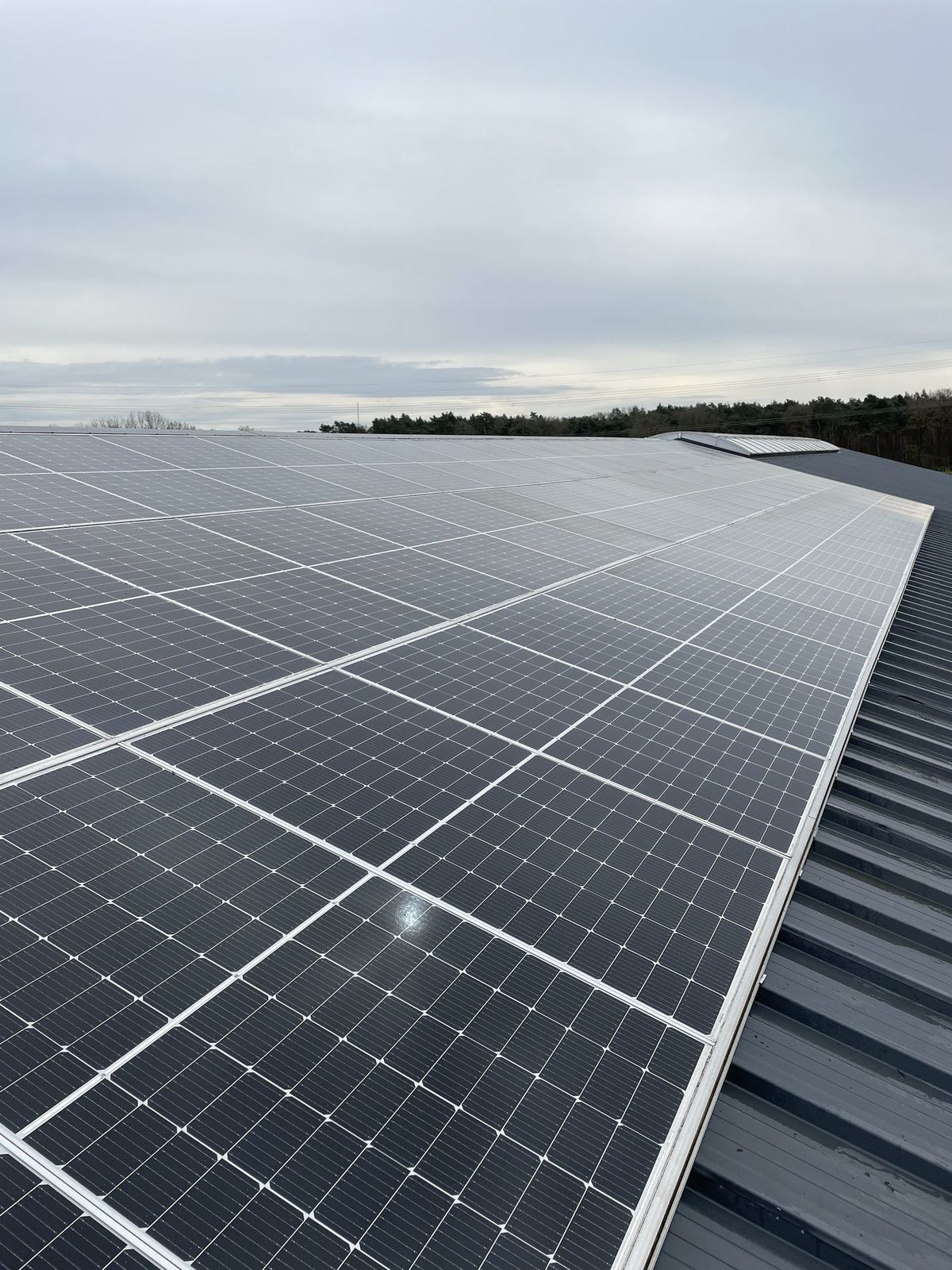 Een groot dak vol schone zonnepanelen onder een grijze lucht